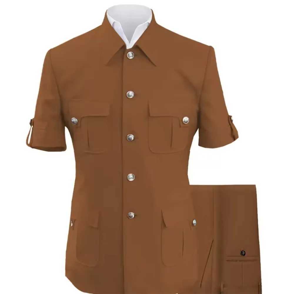 Safari Mens Shirt Set 2-piece Four Pocket Wedding Groom Tail Coat Short Sleeve Jacket Customized Ropa hombre trajes para hombre W250410