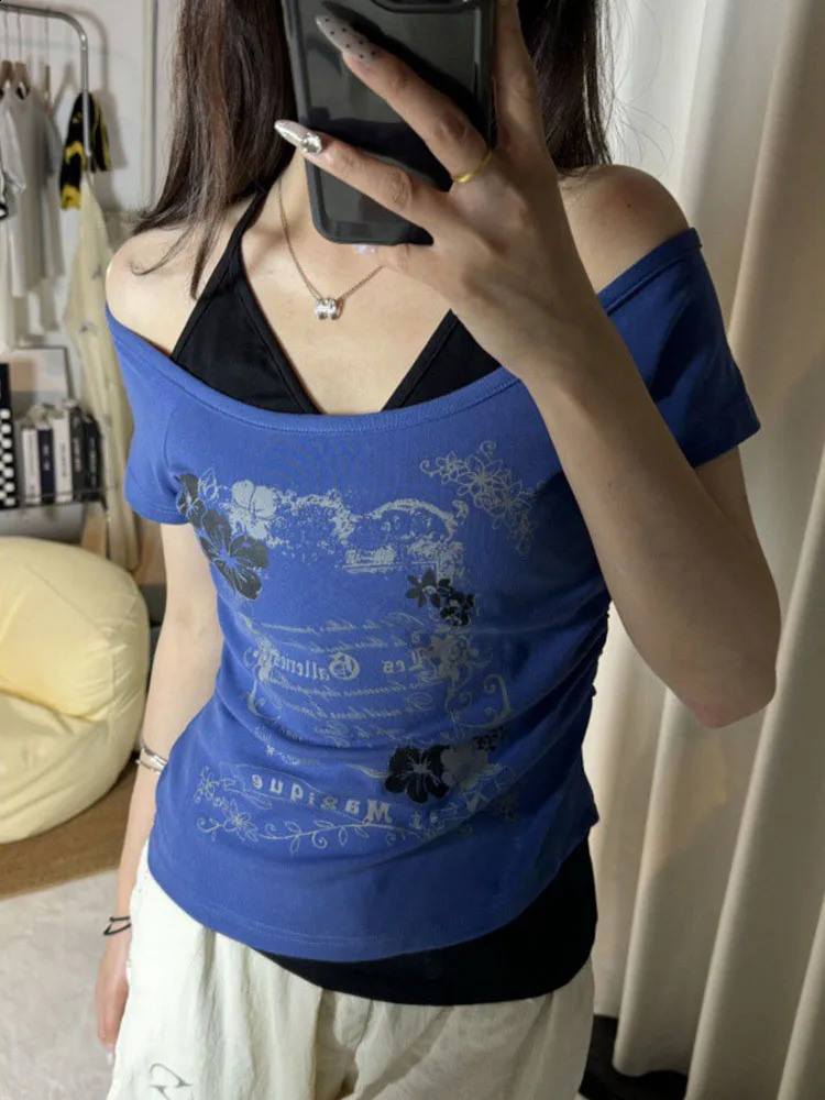 Vintage Two piece Strap Lace Top Y2k Slim fit Printed Top Womens Shoulder Short sleeved T-shirt 250410