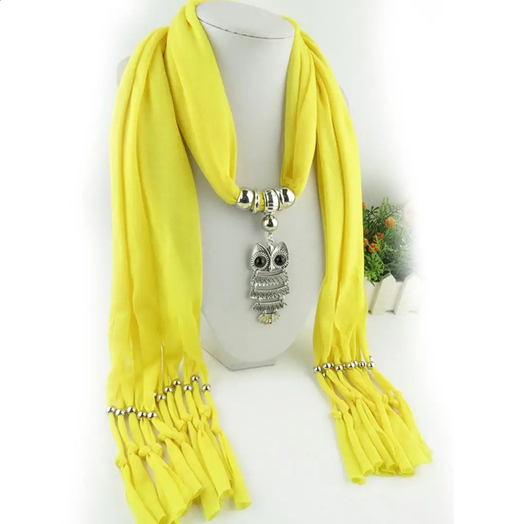 Womens Classic Owl Pendant Jewelry Scarf Necklace Scarf Edge Long Scarf 250409