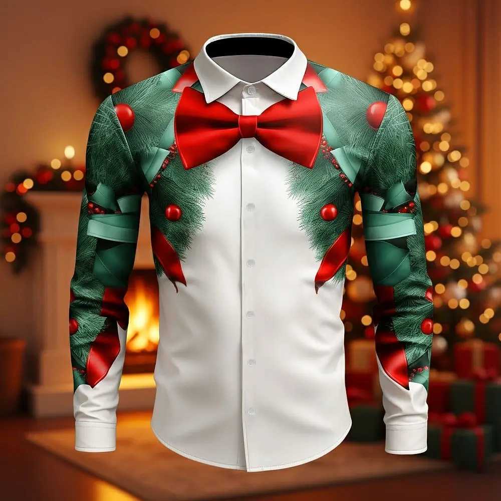 Funny Christmas Mens Christmas Costume Faux Collar and Suit Design Suit Tie Printed Tuxedo Shirt Long Sleeve Button Up Shirt K251110