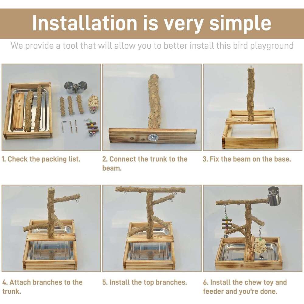 LIMIO Large Beige Bamboo Bird Playground with Removable Tray and 2 Cups