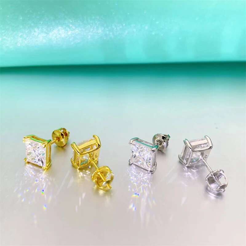 Trendy 0.4-3ct Real D Color VVS1 Princess Moissanite Earrings Screw Back for Women 925 Sterling Silver Diamond Stud Earrings