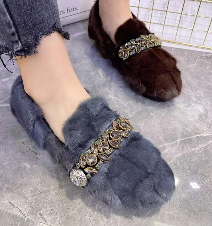 Winter Mink Fur Rhinestone Crystal Belt Flats Fur Shoes Slip On Full Fur Leisure Loafers Woman Warm Fur Shoes 251110
