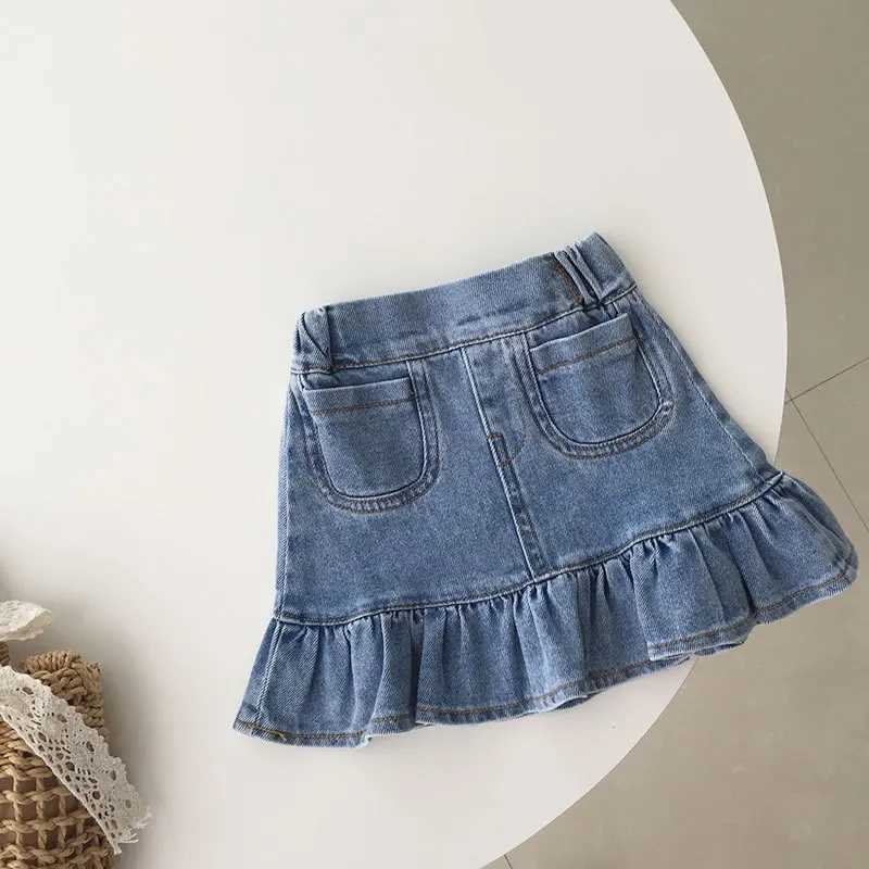 2024 Childrens Girl Explorer Short Sleeve T-shirt+Denim Skiing Summer Ruffle Fish Tail Jeans Skiing 2-piece SetXJ250410