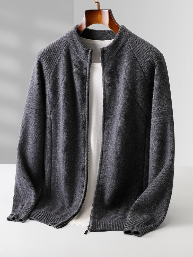 Chic 100 Merino Wool Knitted Sweater Autumn Winter Heavyweight Mens Cardigan Crewneck Coat Mock Neck Tops 251030