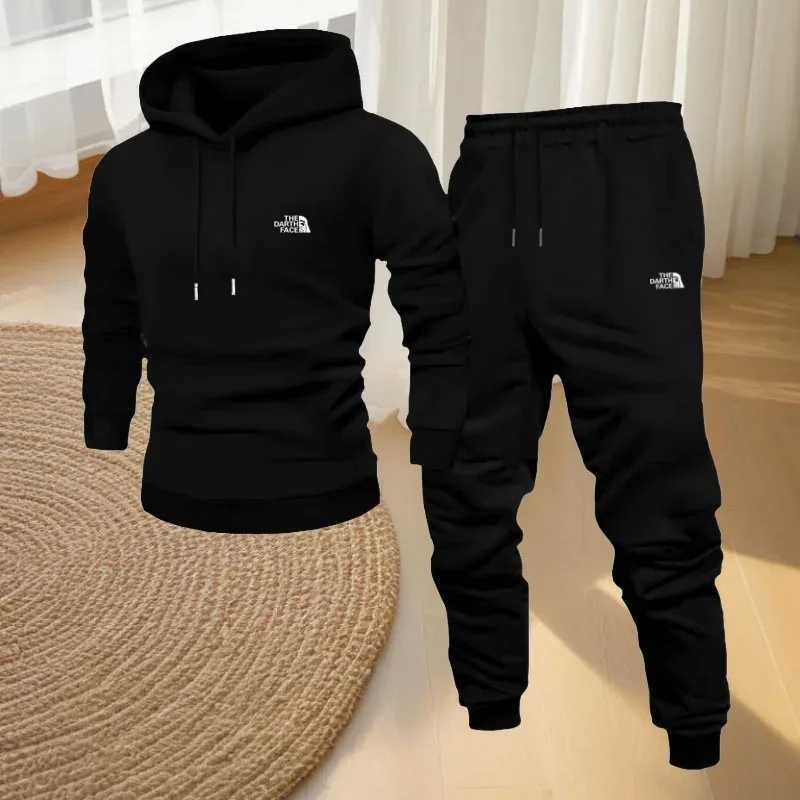 Hot-selling mens hooded sportswear and fitness set autumn and winter mens casual printed sweatshirt jogging long pantsT251111