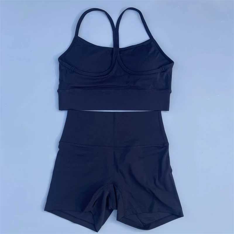 Solid color gym bike yoga set short leg+cross Y sports bra sportswear womens gym set comprehensive training joggingW250411