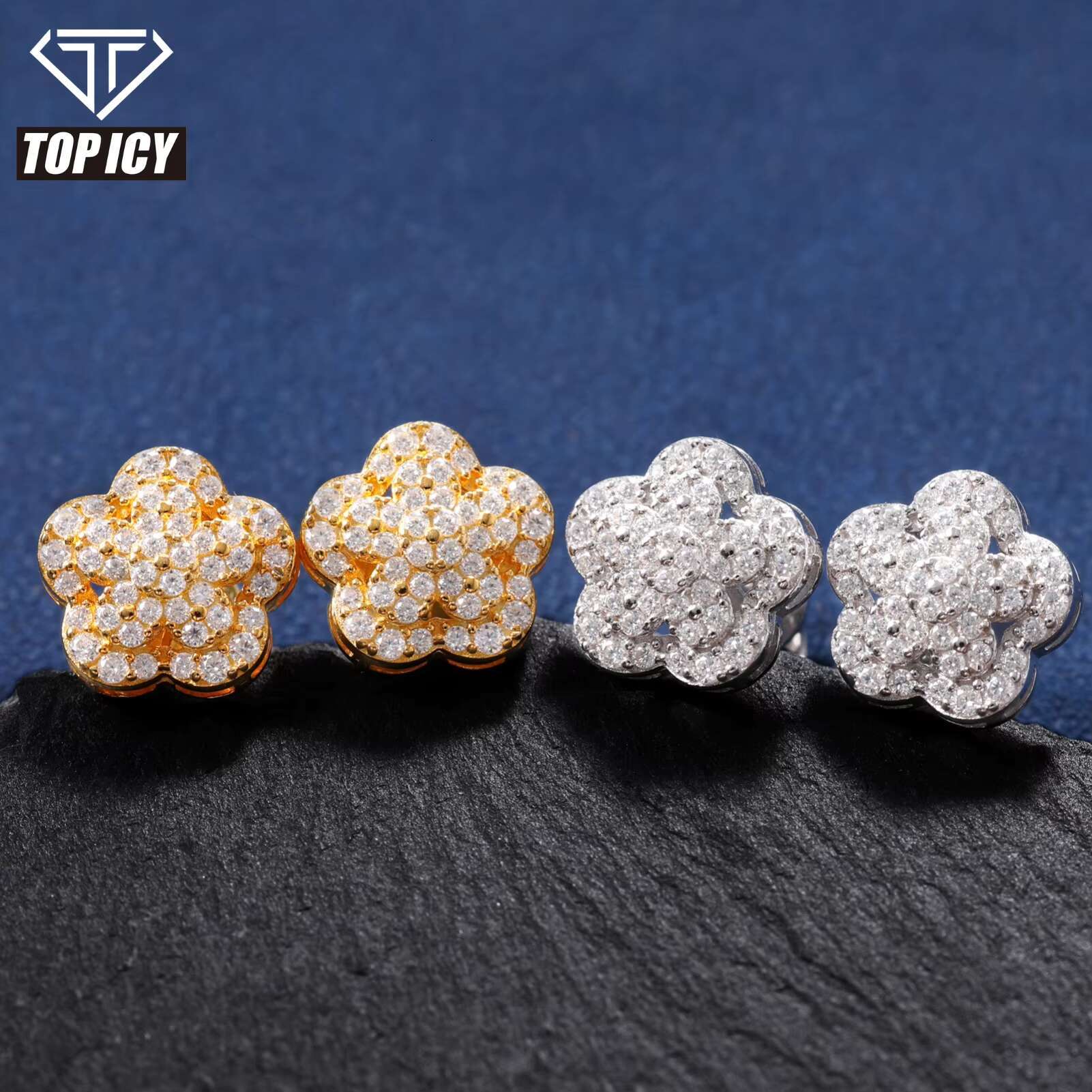 Drop Shipping Factory Price VVS Moissanite Diamond 3 Layer Ice Out Earrings 925 Silver FlowerStud Earrings for Man Woman