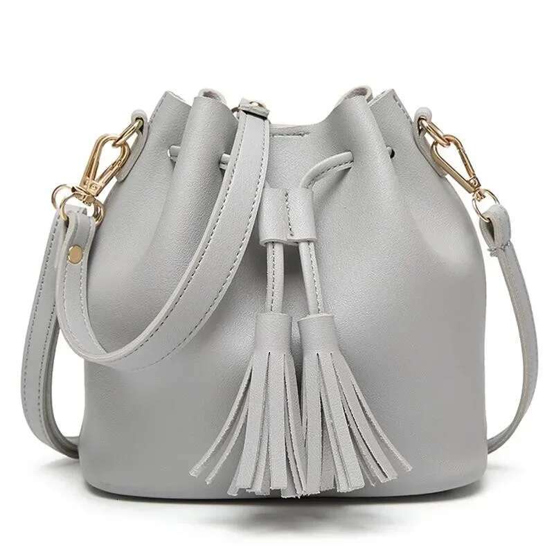 Tassel Drawstring PU Bucket Bag Fashion One Shoulder Messenger Ladies Handbag For Women Purses