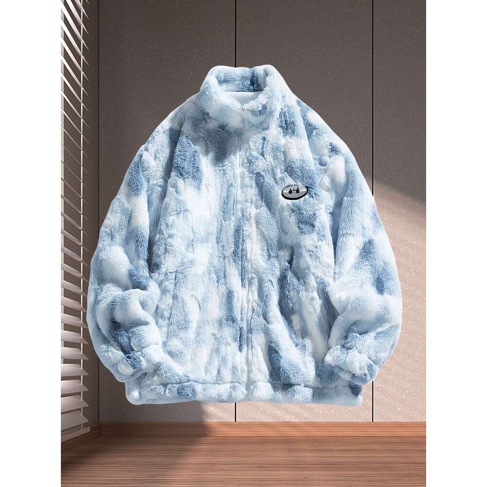 Women's Plush Fleece Jacket, Soft Pink Brown Marbled Texture Hooded Coat With Detachable Patch, Casual Winter Outerwear For Everyday & Formal Eve