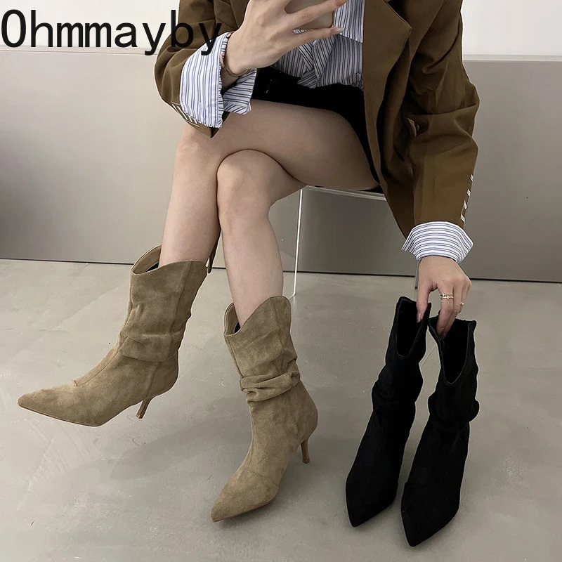 Vintage Pointed Toe Women Ankle Boots Autumn Ladies Concise High Heel Slip On Short Botas Zapatos De Mujer 251110