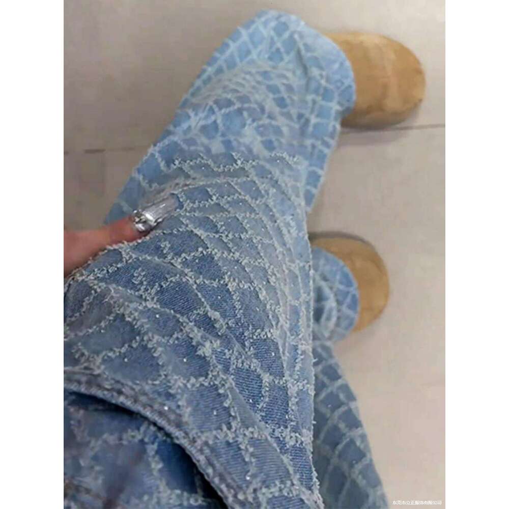 Designer clothing Designer clothing European early spring new high waisted hanging wide leg pants for women, worn diamond grid loose floor pants, blue