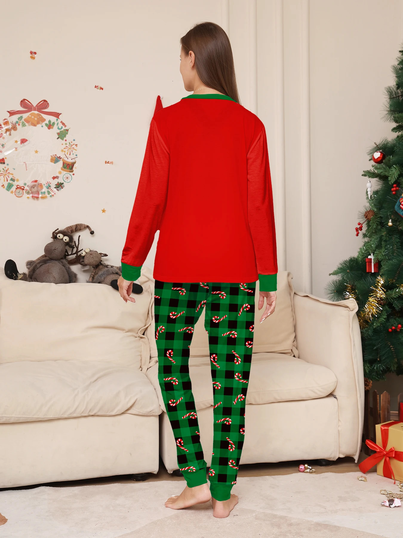Christmas Couples Sleepwear Set Merry Christmas Graphic Green Black Plaid Candy Cane Pajamas 251106