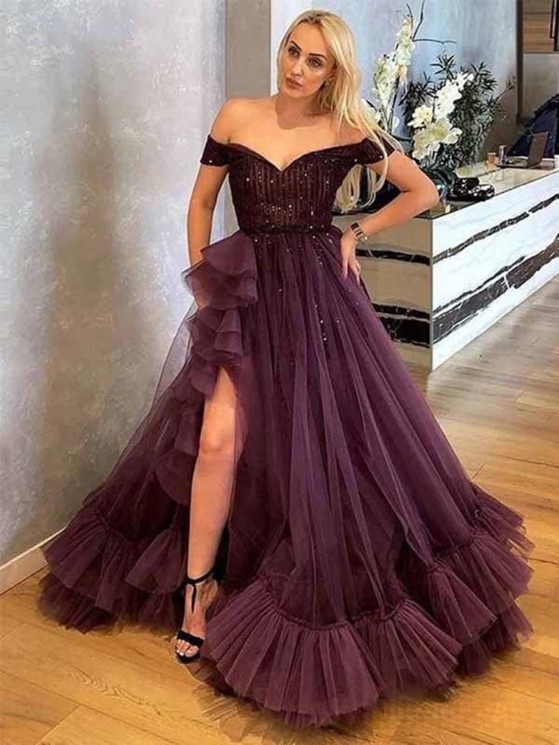 Chic Burgundy Ruffle Off-Shoulder Prom Dress with Side Slit 2025 Sparkling Sequins Long Evening Gown for Special Events