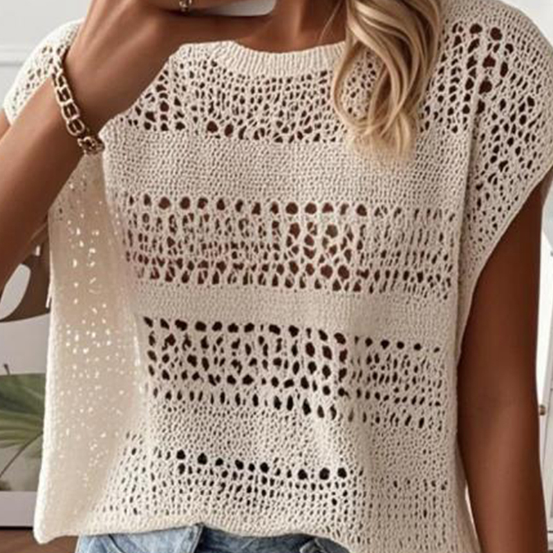 Women's solid color casual vacation sweater top, hollow texture round neck design open collar short sleeve women's shirt, daily wear loose a
