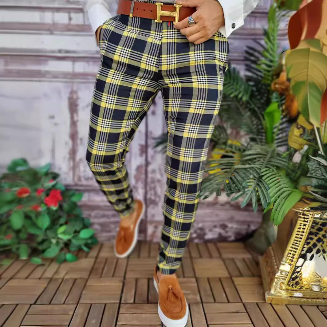 Mens casual plaid contrast pattern printed mid rise mens trousers with micro elastic pants