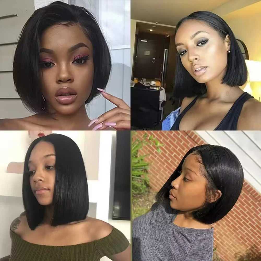 200 Density 13x4 Short Bob Straight Brazilian Remy Hair HD Transparent Lace Full Lace Frontal Wigs 100 Human Hair For WomenT251111
