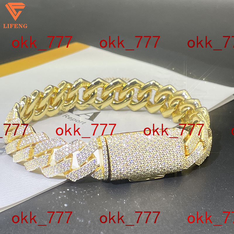 Hot Sale Custom S925 Silver Cuban Link Bracelet 15mm 3rows Iced VVS Moissanite Diamond Gold Plated Hip Hop Jewelry Gift for Men