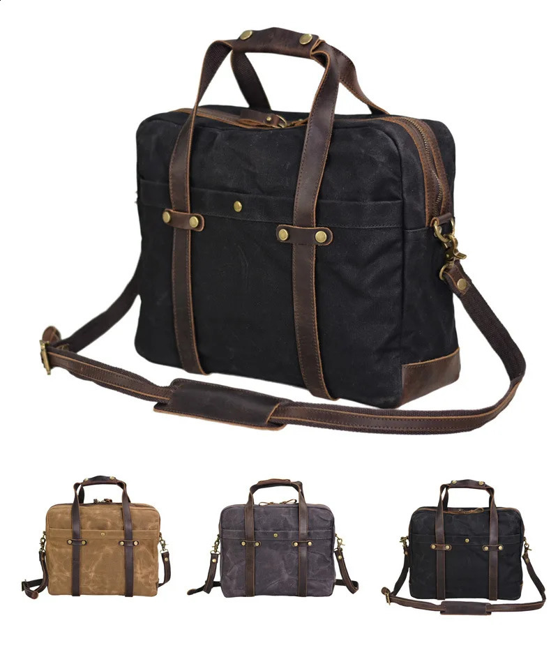 Business travel mens handbag retro office shoulder bag 15.6-inch computer handbag waterproof canvas briefcase crossbody bag 250410