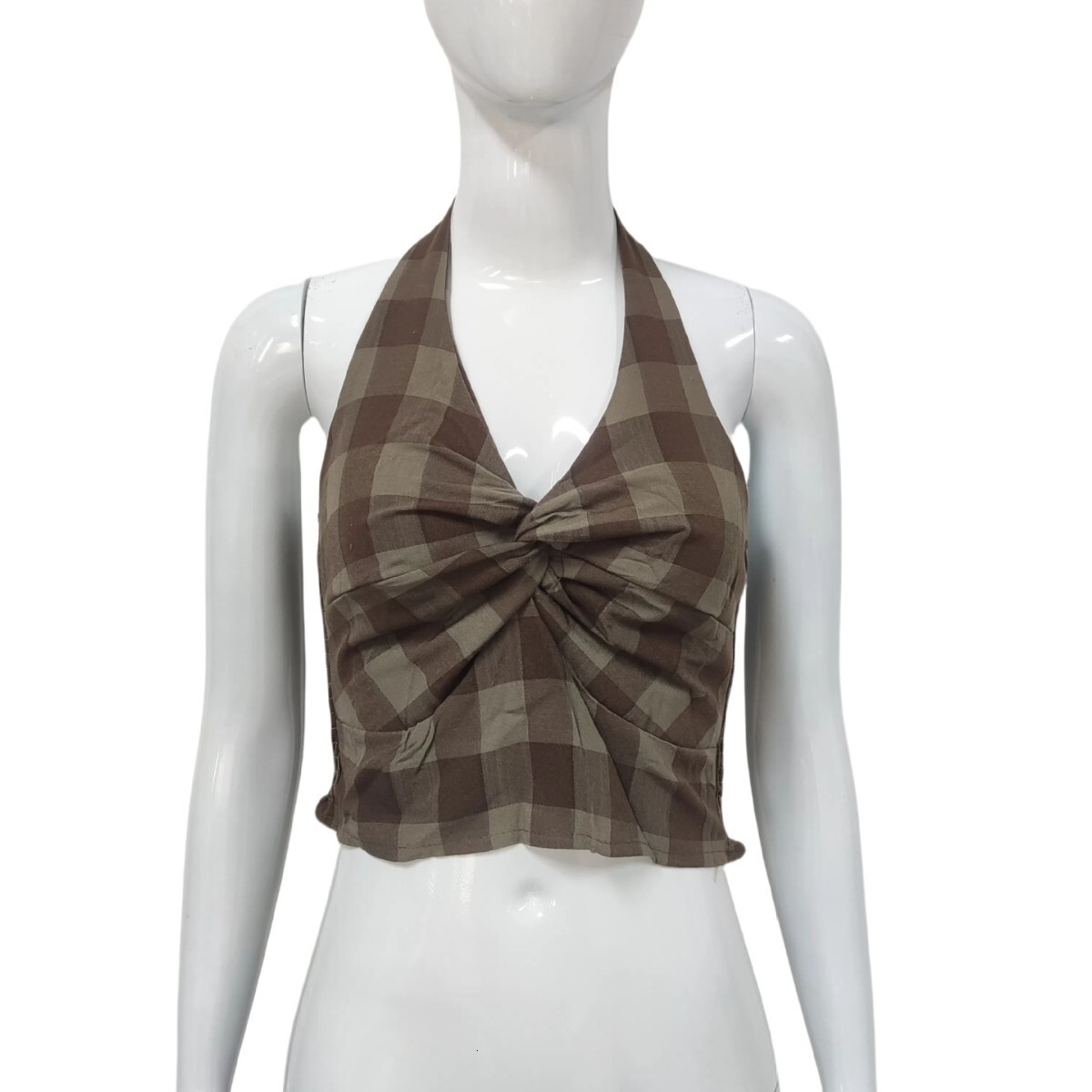 American style spicy girl hanging neck plaid twisted small vest women's summer design sense niche sleeveless sexy backless top