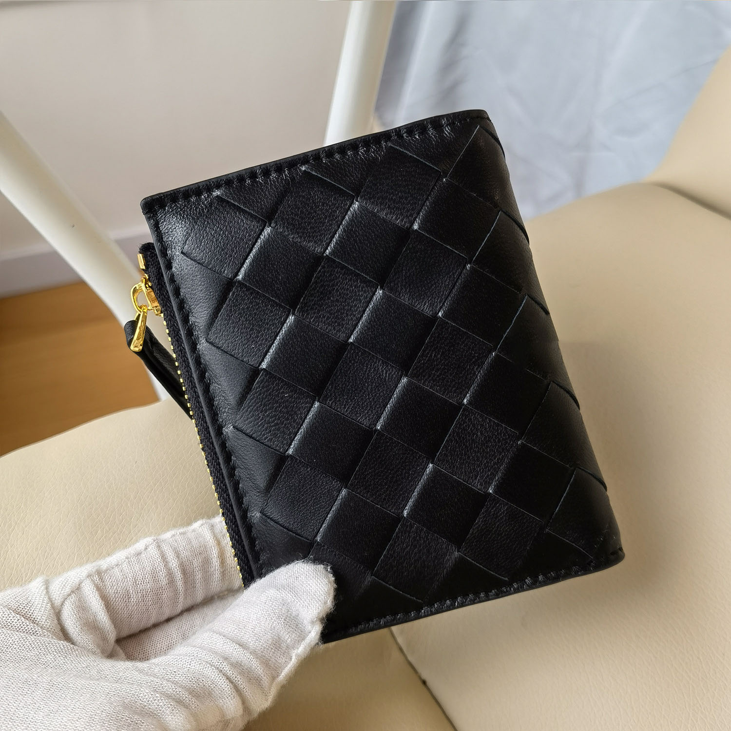 Sheepskin hand-woven short wallet coin purse zipper bag genuine leather billfold card holder integrated storage bag trendy