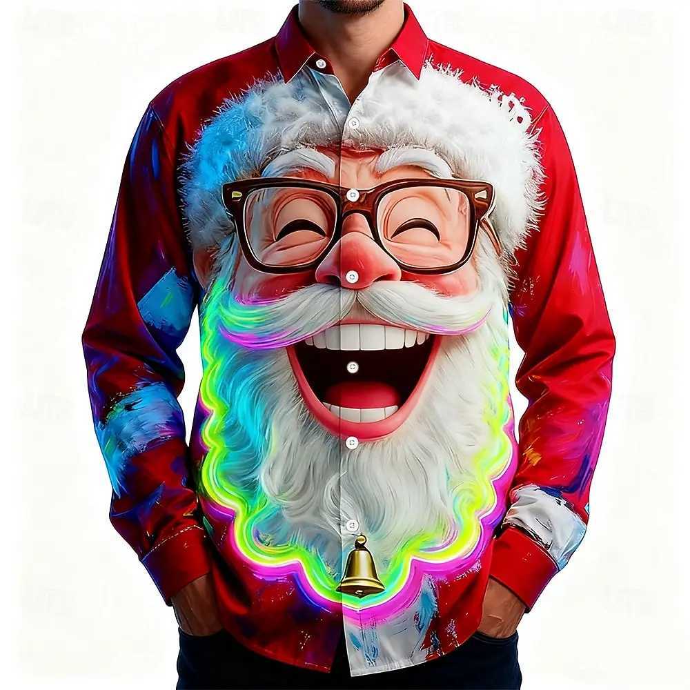 Christmas Mens 3D Graphic Long SleeveStreet Style Fashion Santa Claus Smile Face Print Design2025 Autumn Neon Glow Shirt K251110