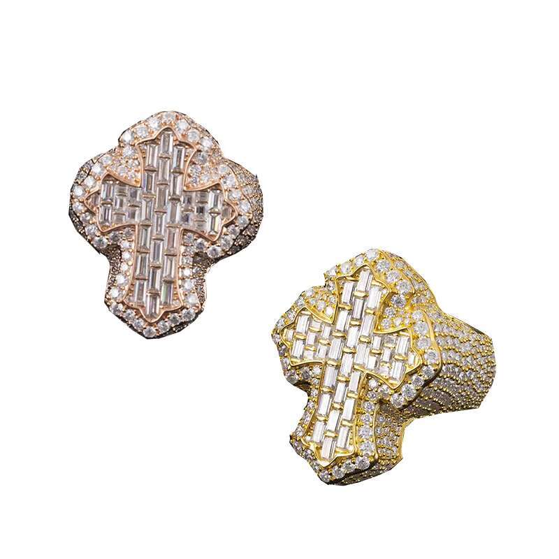 Fully Iced Out Jewelry Hip Hop Ring Gold Plated 925 Sterling Silver Vvs Baguette Moissanite Diamond Cross Ring