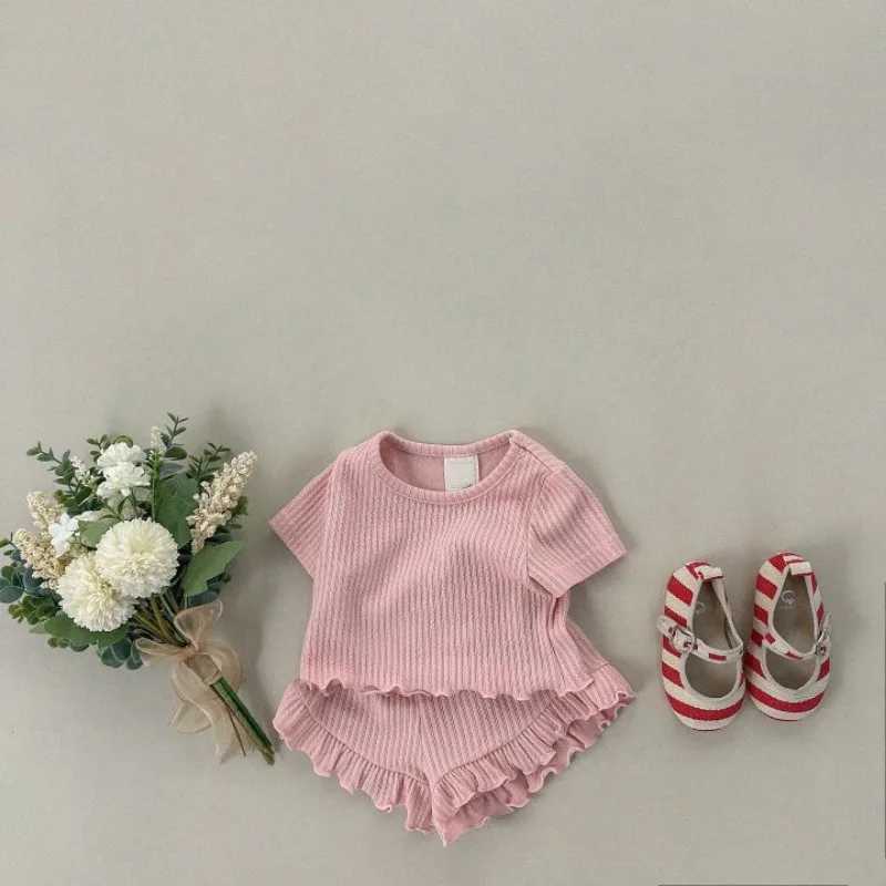 Baby girl summer pajamas set Korean sled family wearing pleated short sleeved T-shirt+shorts 2 childrens pure cotton dressesXJ250410