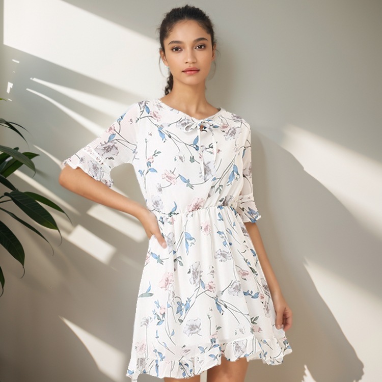 Women's 2025 summer sweet floral chiffon dress with flared sleeves, slim fit and versatile A-line skirt