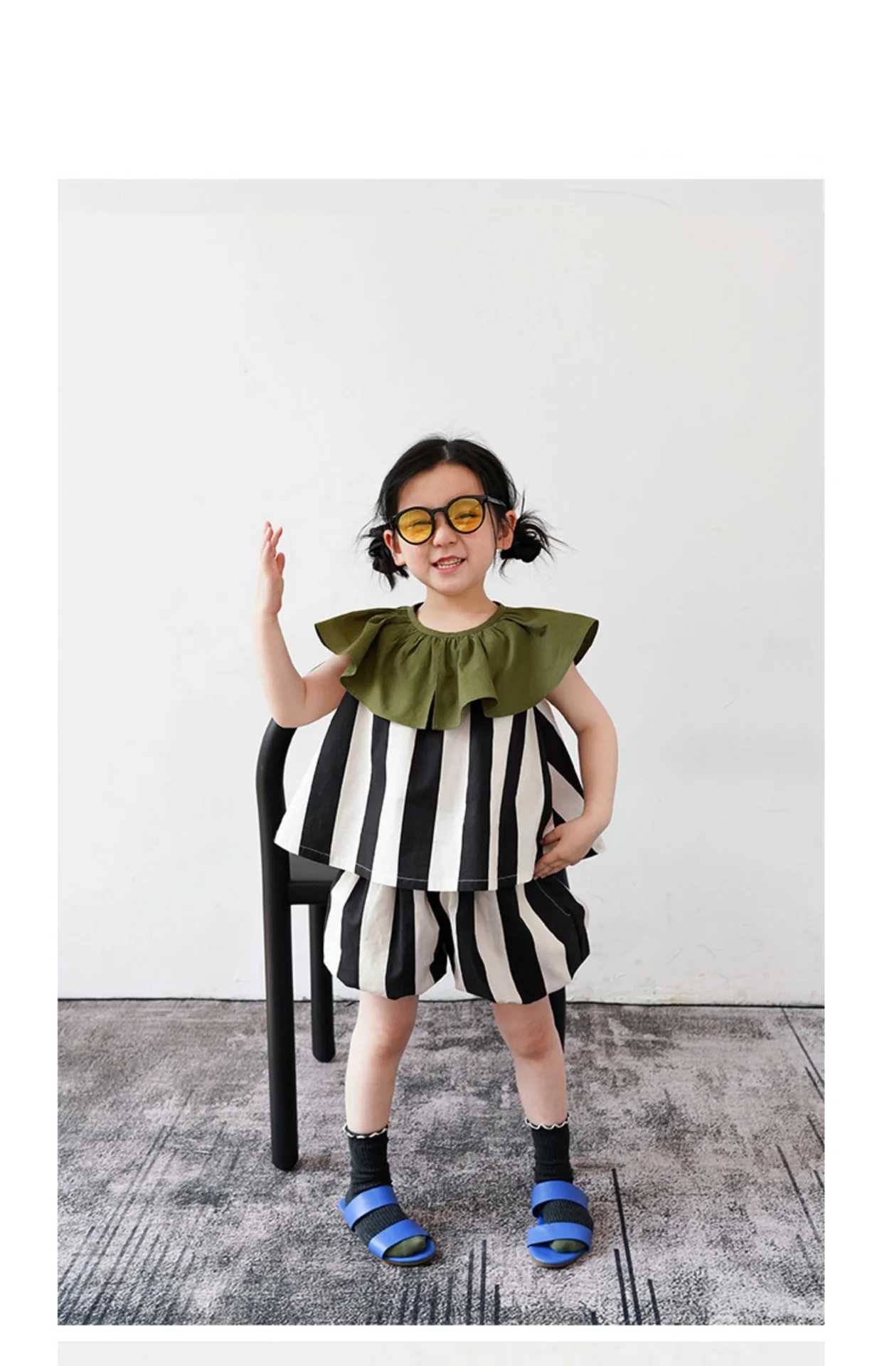 Summer fashion baby girl pleated collar sleeveless lace T-shirt top+shorts set childrens 2-piece set clothing for 2-8 yearsXJ250410