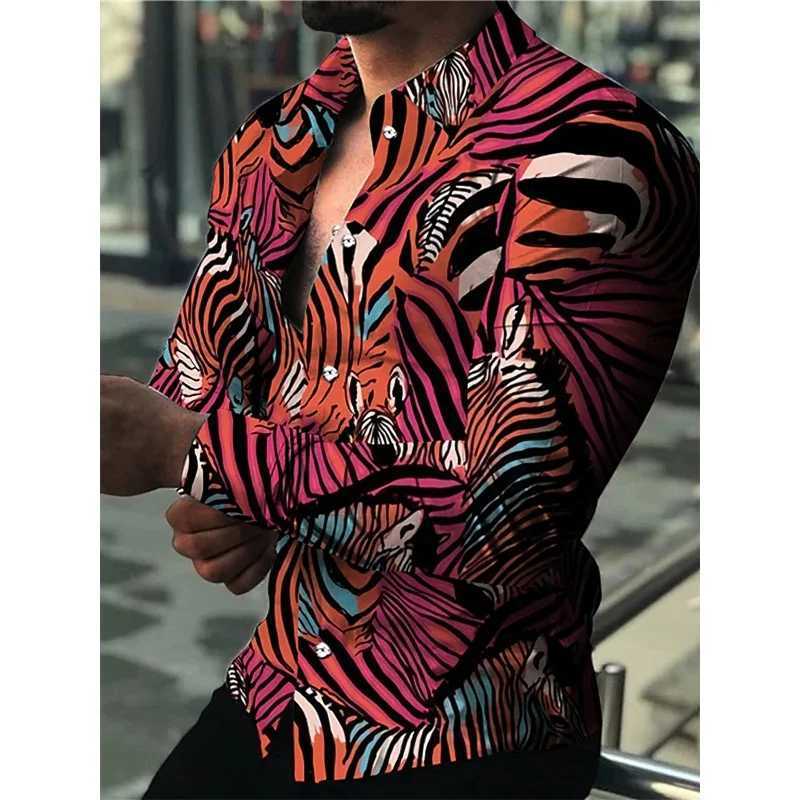 Mens casual versatile fashion street mens shirt lapel single-breasted long-sleeved mens zebra pattern long-sleeved shirt K251110