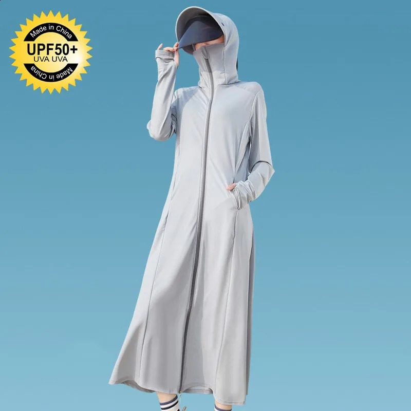 Xpqbb Summer Sunscreen Long Coat Women Breathable Anti-UV Outdoor Sun Protection Clothing Casual Simple Solid Ice Silk Outwaer 250411