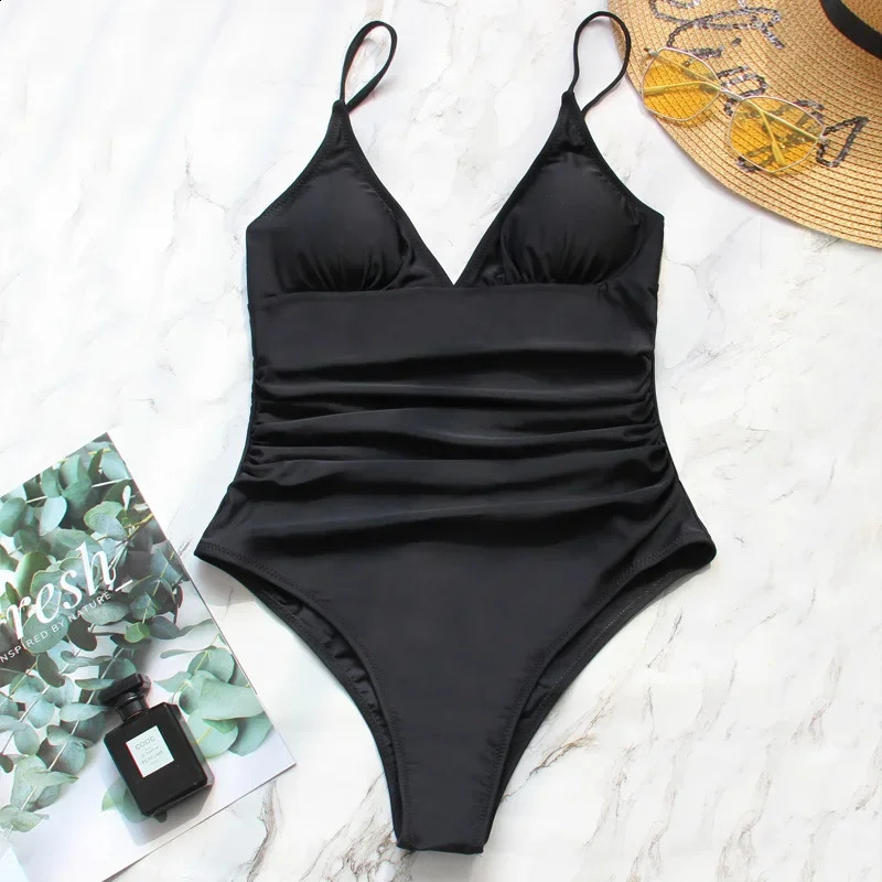 Cross-Border Bikini Sexy Deep VSolid Color One Piece Swimsuit Womens Sweet Solid Color One Piece Swimsuit 250410