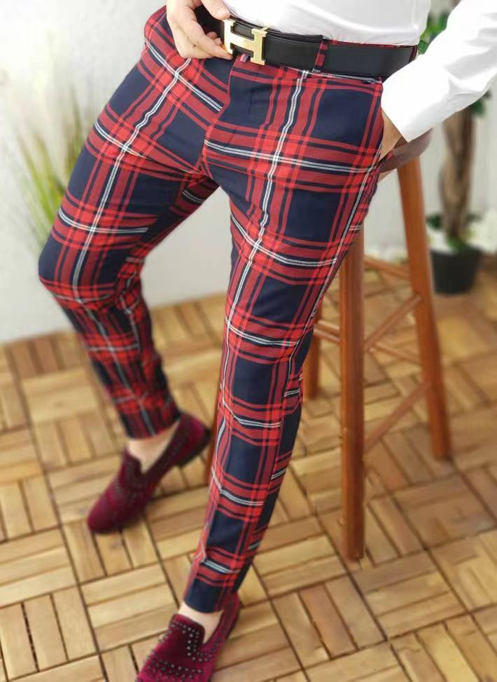 Mens casual plaid contrast pattern printed mid rise mens trousers with micro elastic pants