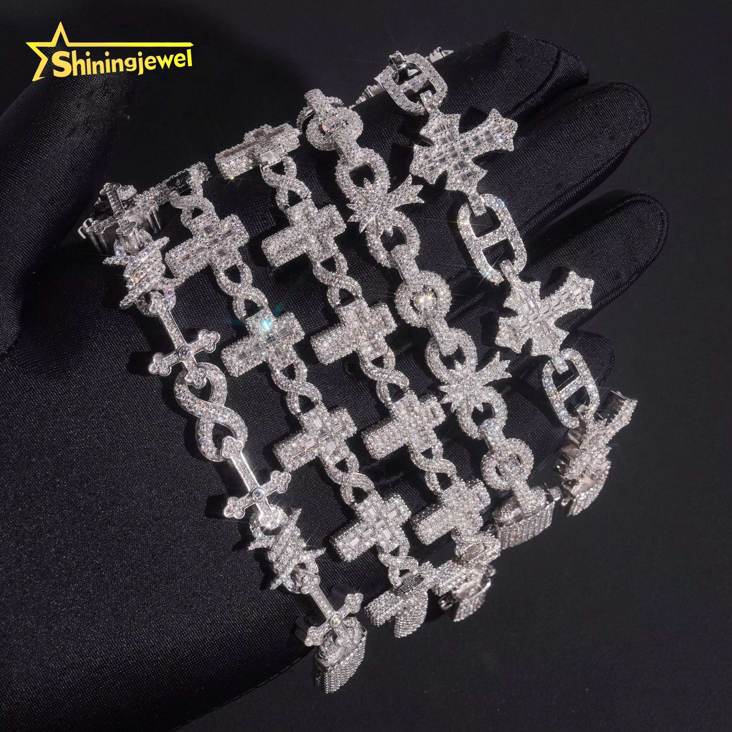 Fancy Shape Men High Quality Hip Hop 925 Silver Moissanite Diamond Iced Out Cross Infinity Cuban Link Bracelet