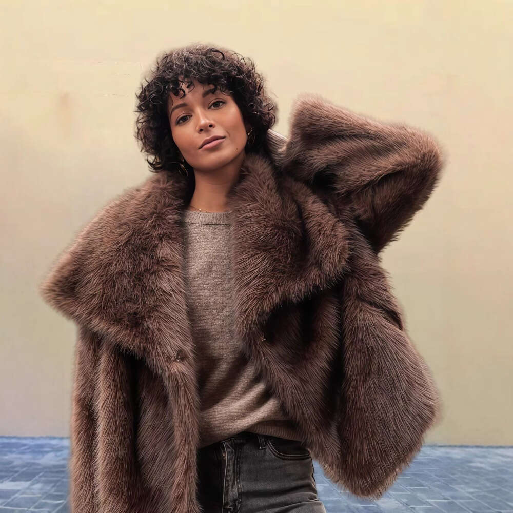 Brown Big Collar Thick Warm Faux Fur Coat Women Fashion Long Sleeves Loose Furry Short Jackets Autumn Winter Lady Streetwear
