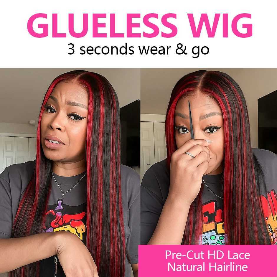 No Silk 1B/99J Highlight Straight 5x5 Glueless Wig Human Hair Vietnamese PrePlucked Ombre Red With Black Colored Lace Front WigsT251111