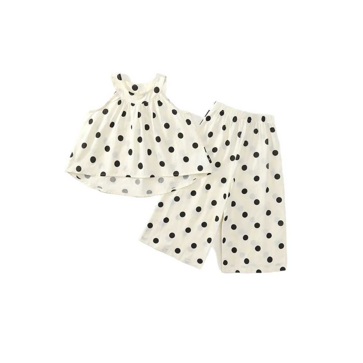 Childrens Girl Sleeveless Dot Set Korean Summer Childrens Girl T-shirt Set Thin Cool Wide Leg Pants Baby Girl 2PCS Clothing SetXJ250410
