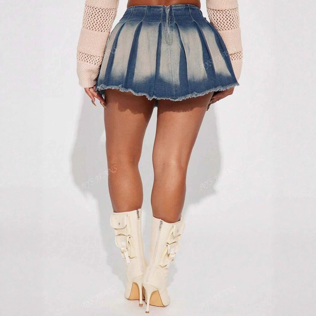 Denim Pleated Mini Skirt with Frayed Edges TK 251009