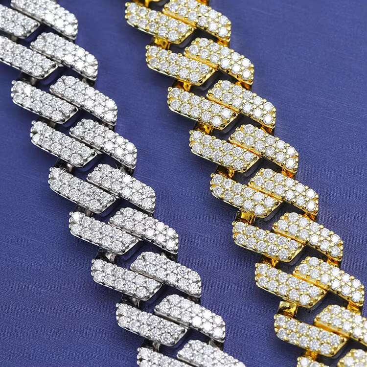 Wholesale Price in Stock Moissanite Cuban Chain 2rows 15mm S925 Silver VVS Moissanite Iced Out Cuban Link Chain Necklace
