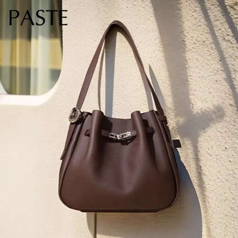 Designer Bag NEW Ins Stylish Deep Maroon Color Hobo Bucket Tote 100% Genuine Cow Leather Soft Women Handbag Urious Female Shoulder Bag