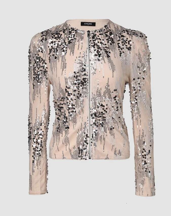 Autumn Winter Fashion Women's Long Sleeved Jacket With Round Neck And Full Sequin Design Short Personalized Slim Fit Coat