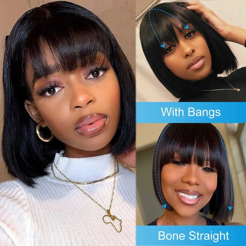 Brazilian Human Hair Wig with Bangs Remy Straight Hair Bob Wigs Full Machine Made Wig for Women 8-16 Inches No Lace Bob WigsT251111