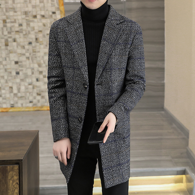 Winter Slim Fit Fashion Plaid Woolen Trench Coat New Men's Single-Breasted Suit Collar Overcoat Long Warm Cotton Coat