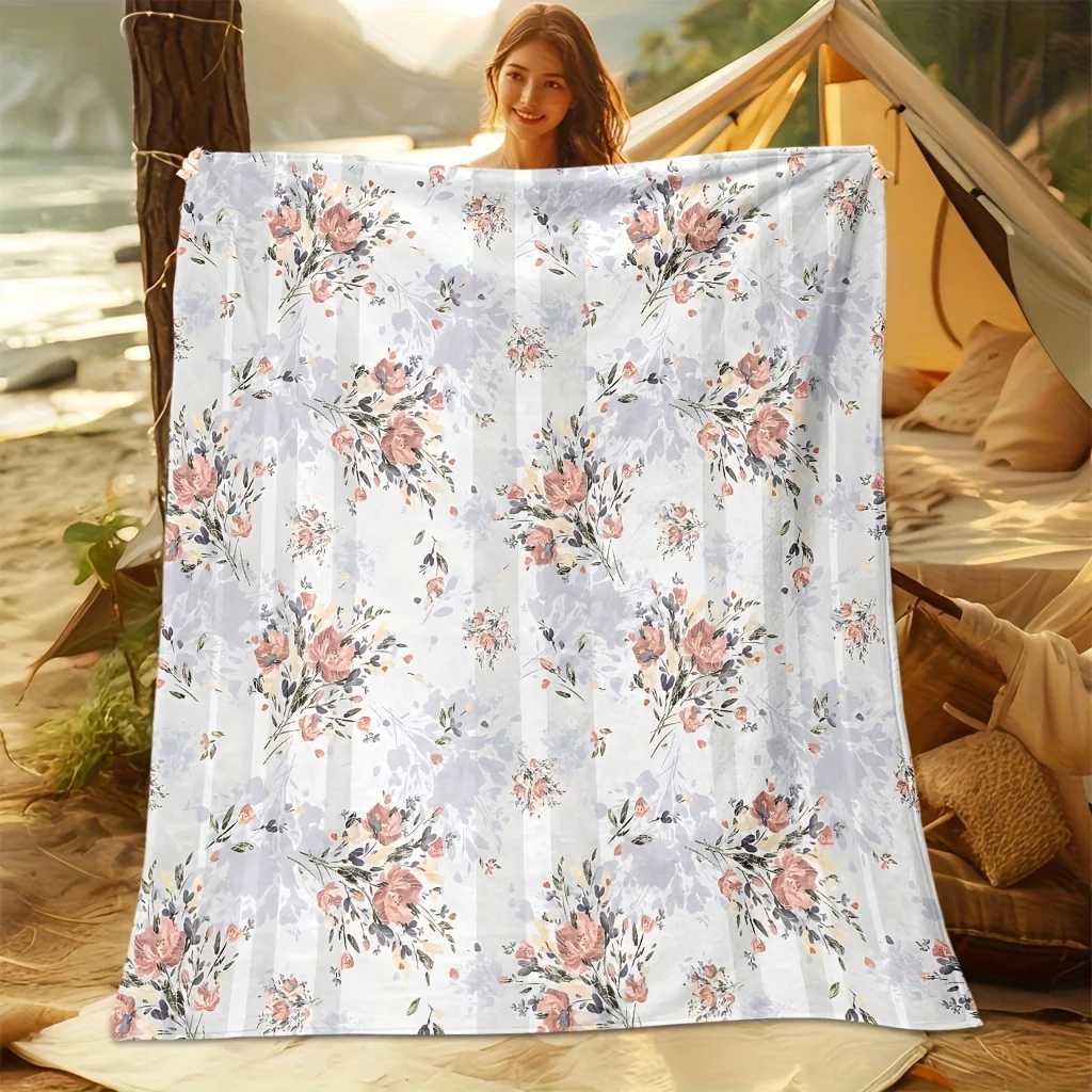 1pc Floral Printed Wool Blanket - Polyester Fabric Machine Washable Suitable for Bedroom Living Room Sofa Decoration C251111