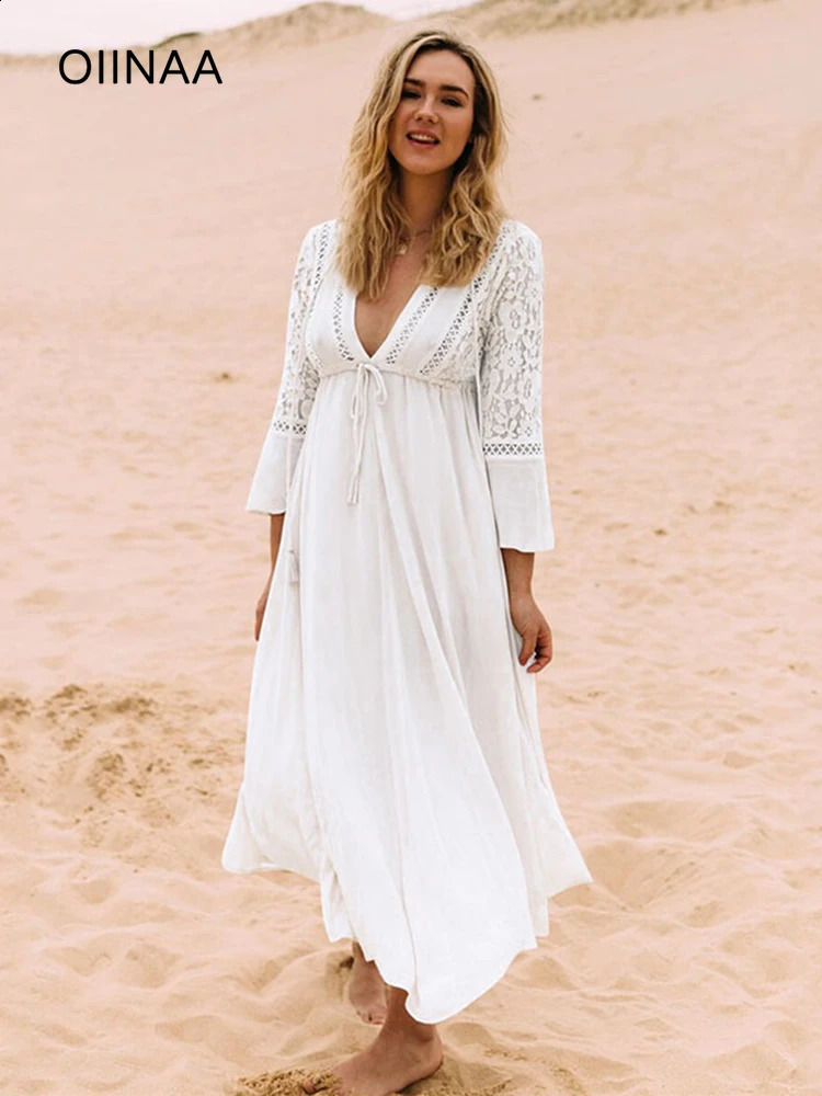 OIINAA Deep Vneck Bikini Top Womens Beach Splicing Lace Long Sleeve Summer Fashion Wear 250408