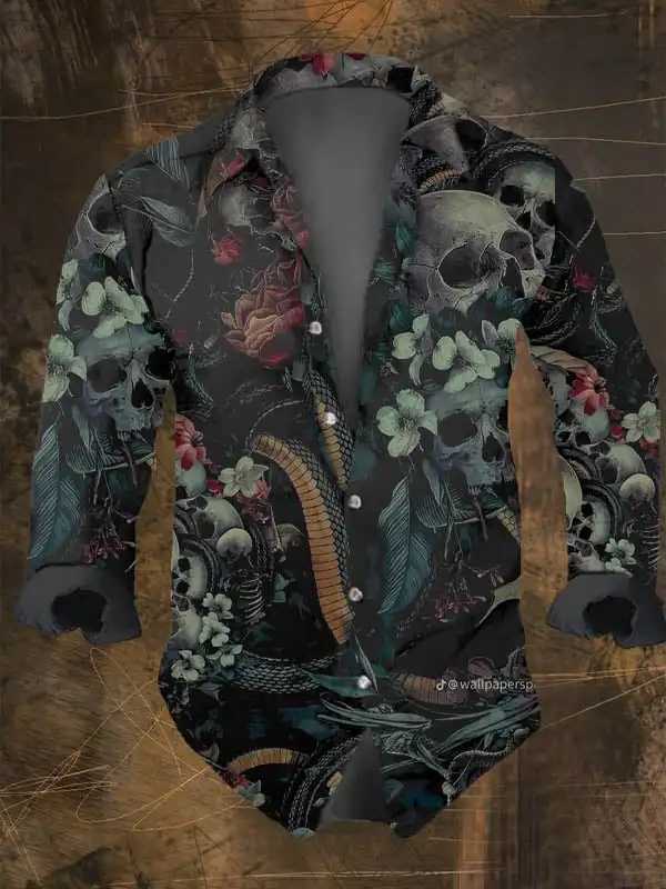 2024 Mens Vintage Dark Skull Print Long Sleeve Shirt - Skull PrintRegular Fit Lapel Collar Polyester BlendHalloween Party K251110