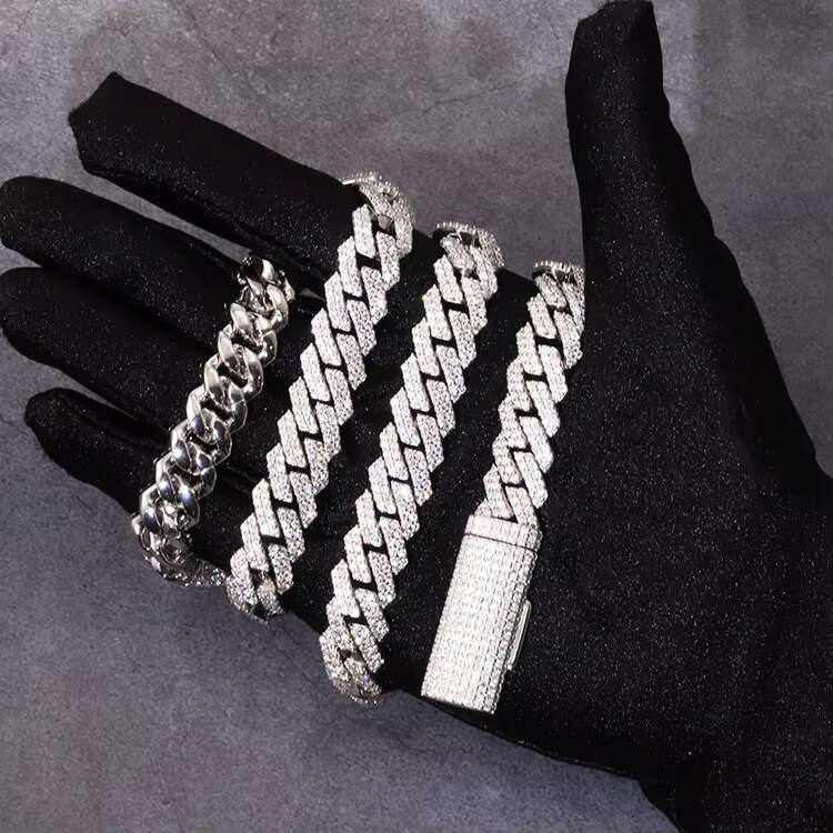 Hot Sale Style 12mm 2Row Solid Silver Iced Out Moissanite Diamond Cuban Link Chain Hiphop Chain Miami Cuban Chains Necklace
