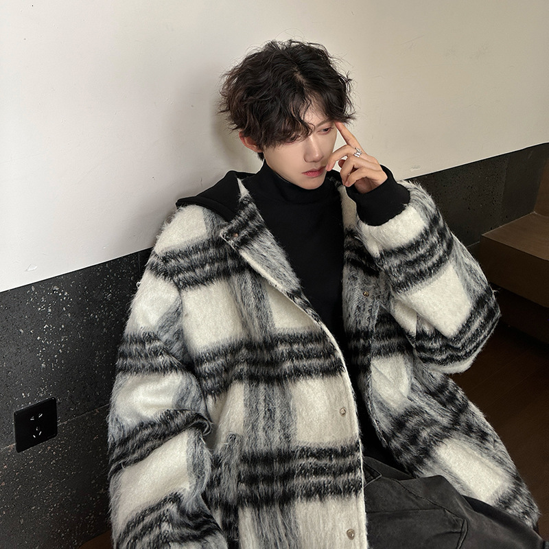 Youth Hooded Plaid Autumn Winter Woolen Large Size Thickened Jacket Cool Loose Woolen Coat Outerwear