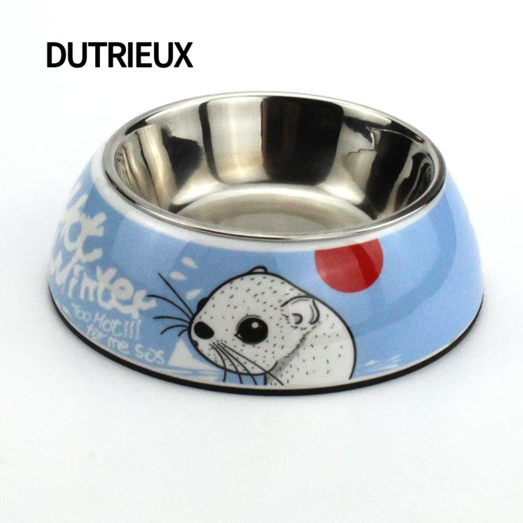 K3331 Anti-spill stainless steel pet bowl, weighted non-slip base, cartoon pattern, supplier of food bowls for dogs and cats.
